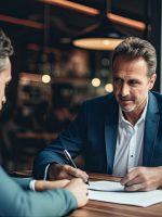 An insurance agent explaining liability coverage to a business owner, emphasizing risk mitigation.